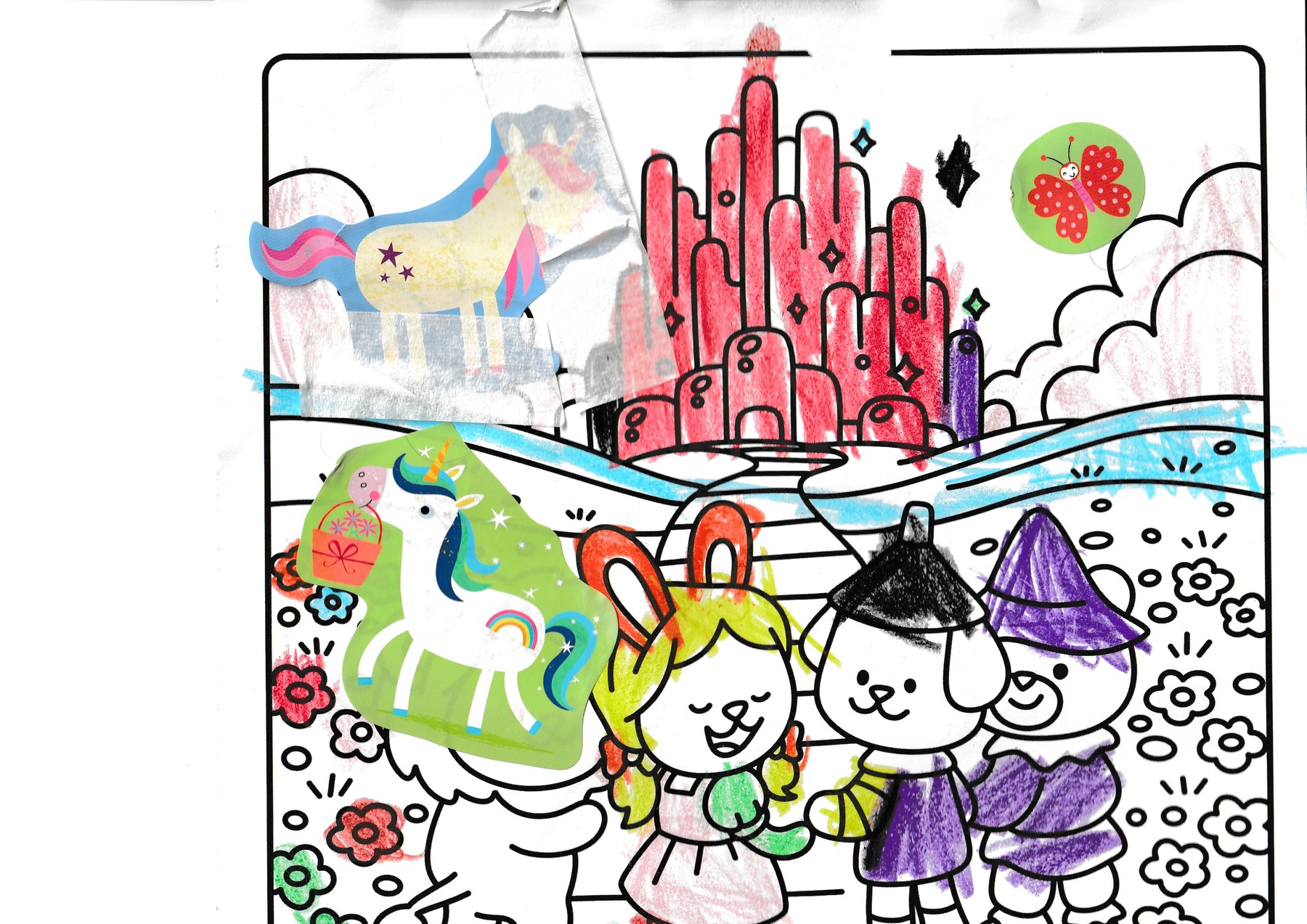 A colouring page with a pink castle, three characters, crayon colours and unicorn stickers.