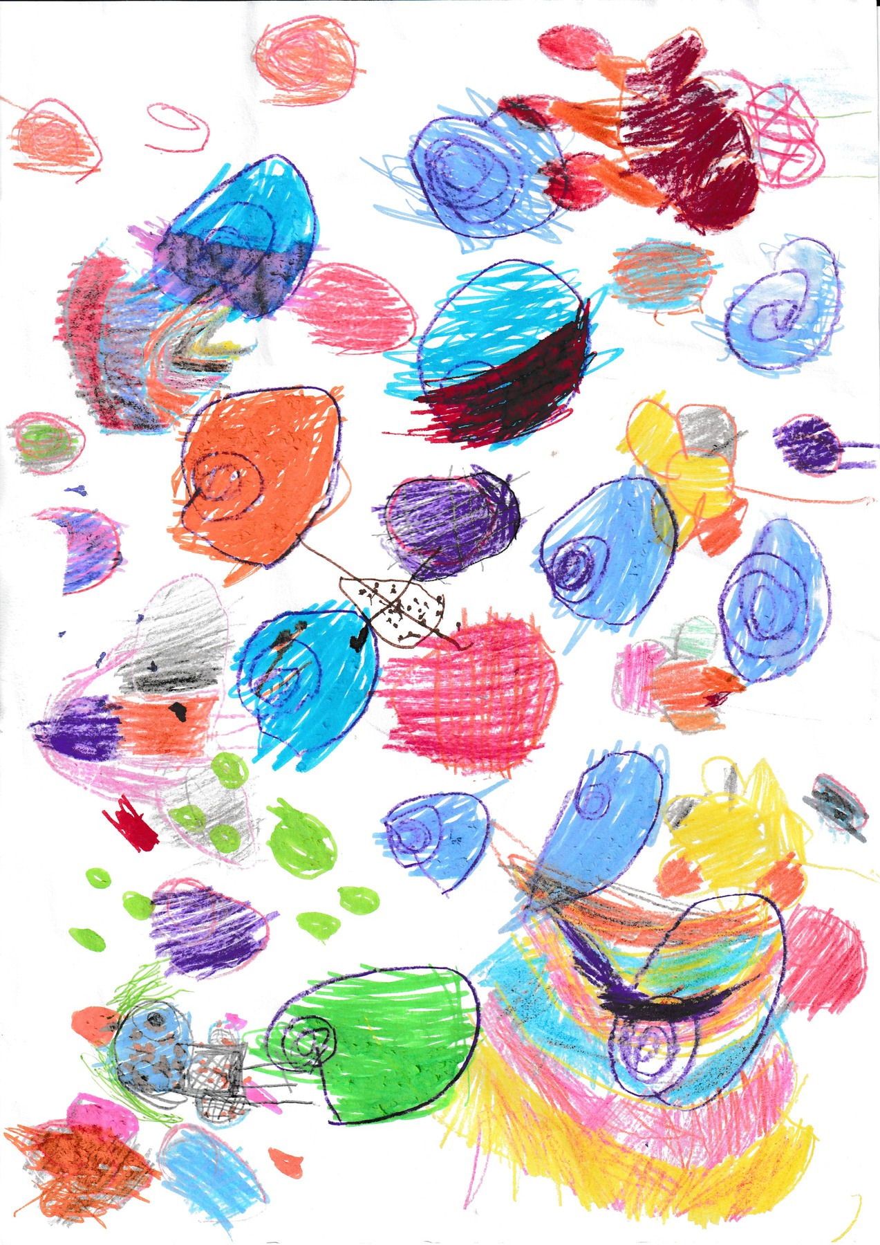 Colourful crayon circles, shapes and loose marks on white paper.