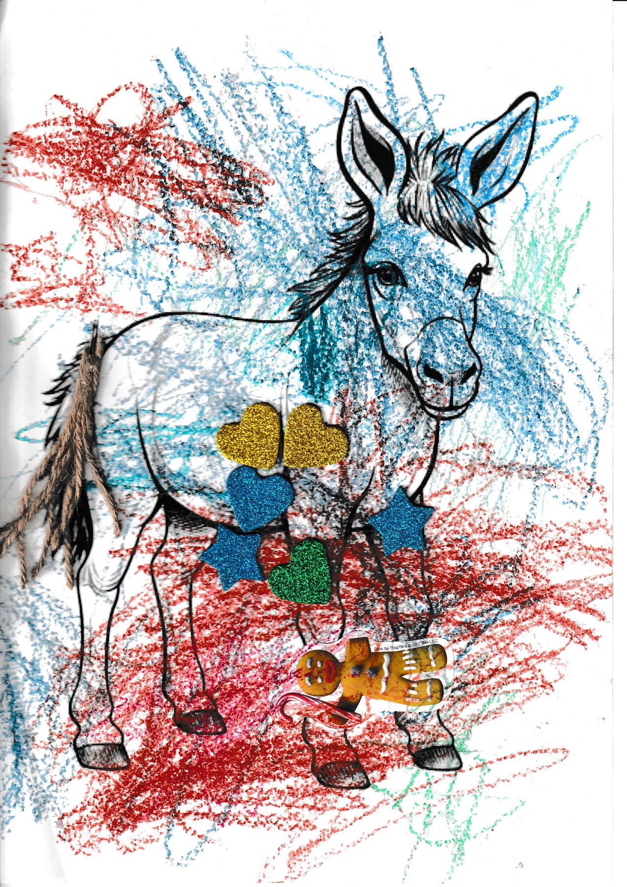 A donkey colouring page with colourful crayon marks and heart and star stickers.