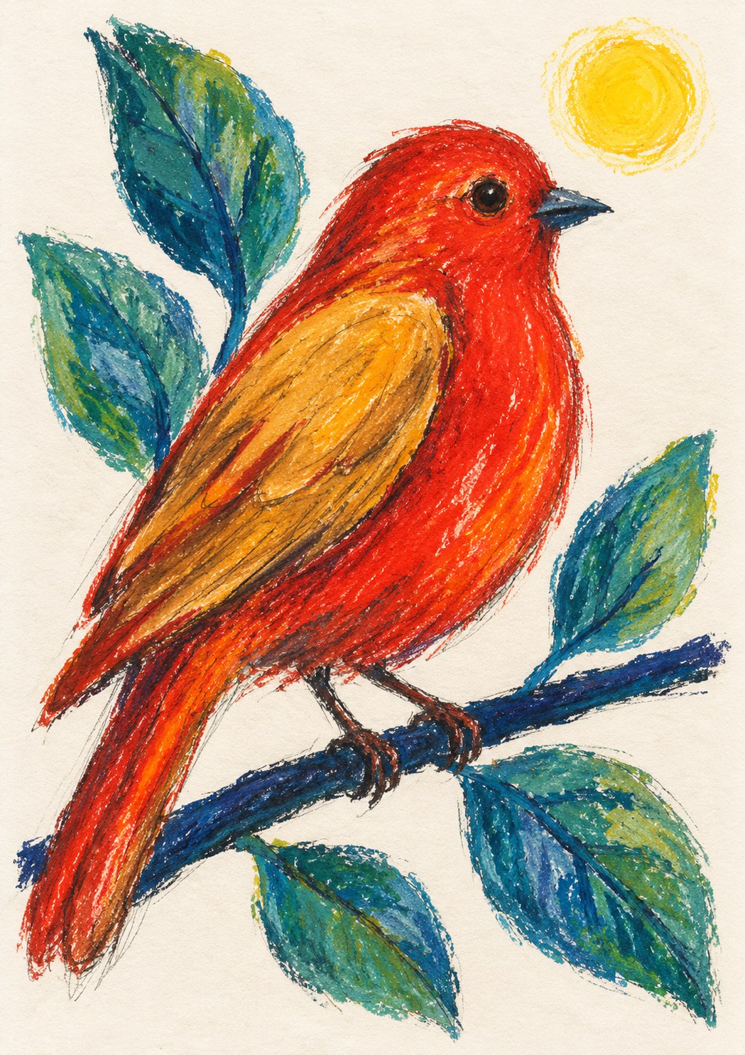 Sample oil pastel picture of a red bird on a leafy branch