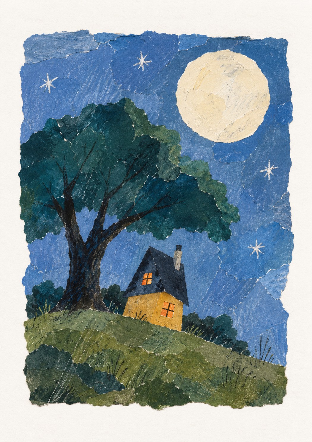 Sample paper collage of a house under a tree and moon