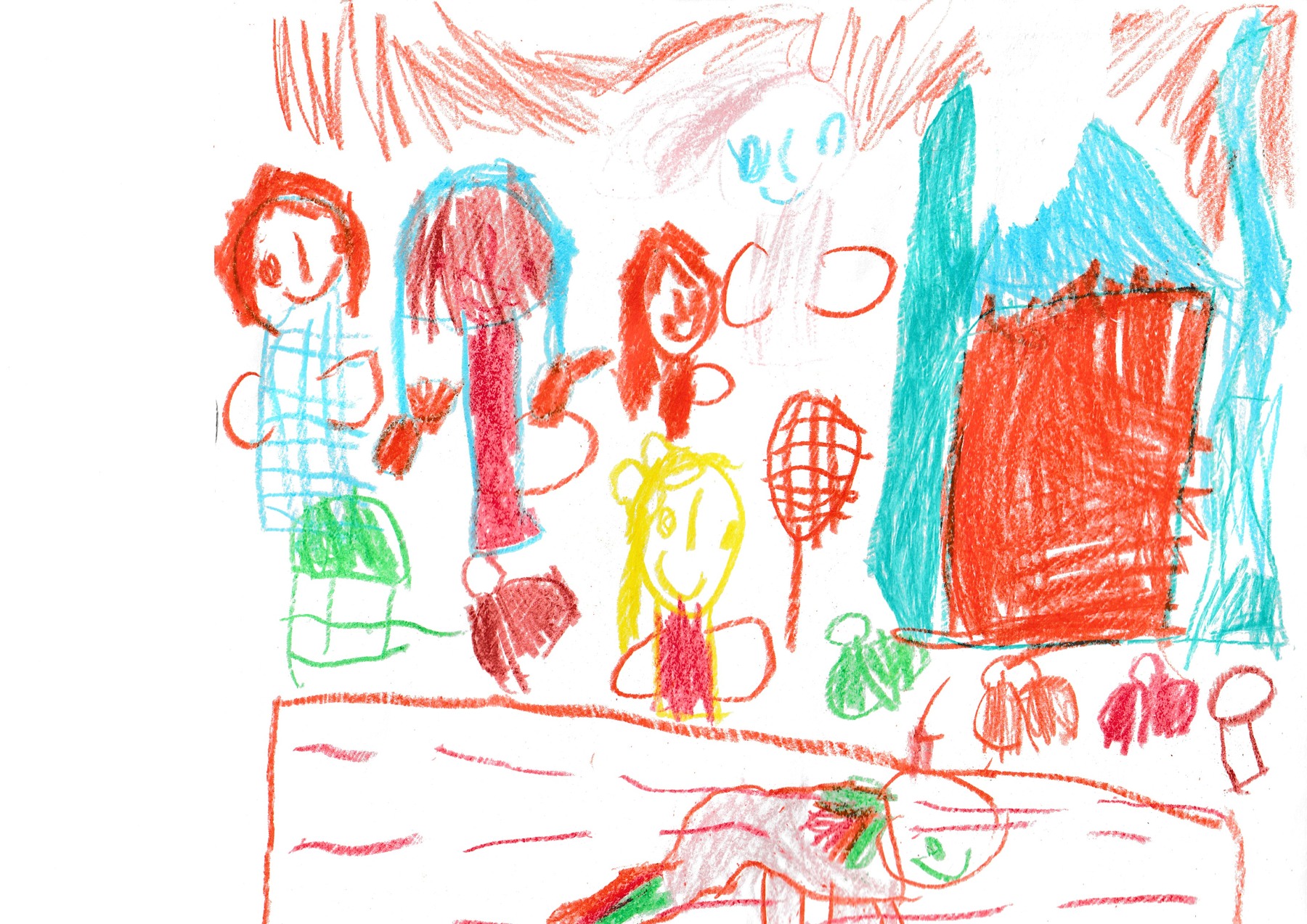 People drawn in red, blue and yellow, with a large red shape and blue crayon marks.
